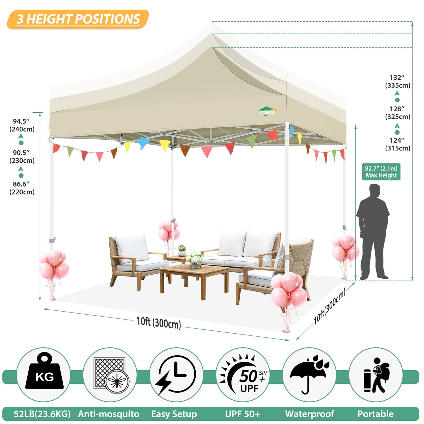 COBIZI 10x10 Canopy Tent with 4 Sidewalls,Heavy Duty Pop up Canopy with Mosquito Netting,Easy up Screen Tent for Parties Wedding Outdoor Camping with Handbag,Khaki