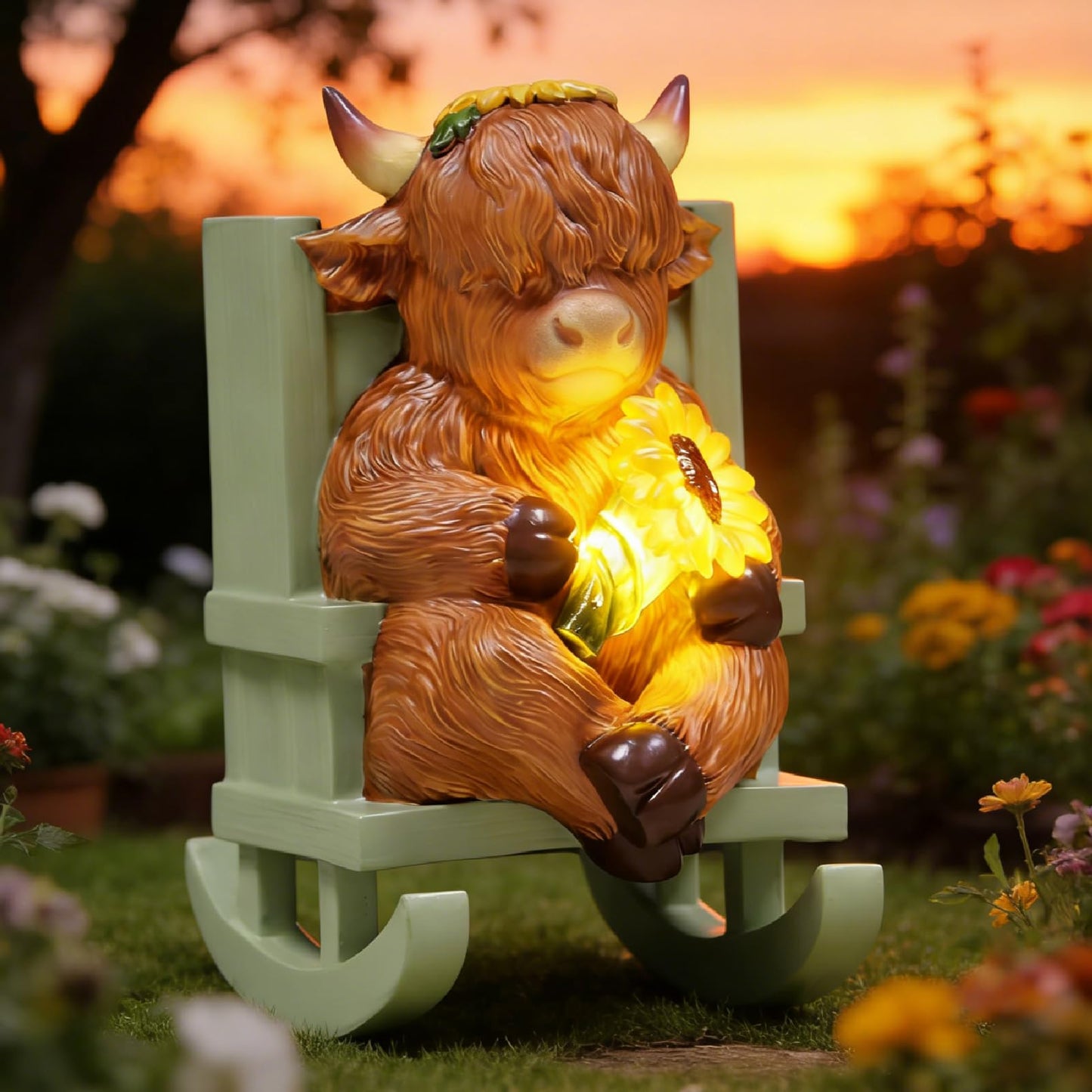 Sheaifun Solar Garden Statues Highland Cow Garden Decor Resin Highland Cow Statue with Light Animal Figurine Outdoor Yard Patio Lawn Decoration Housewarming Gardening Gifts for Women 3.5x5x6.5 in