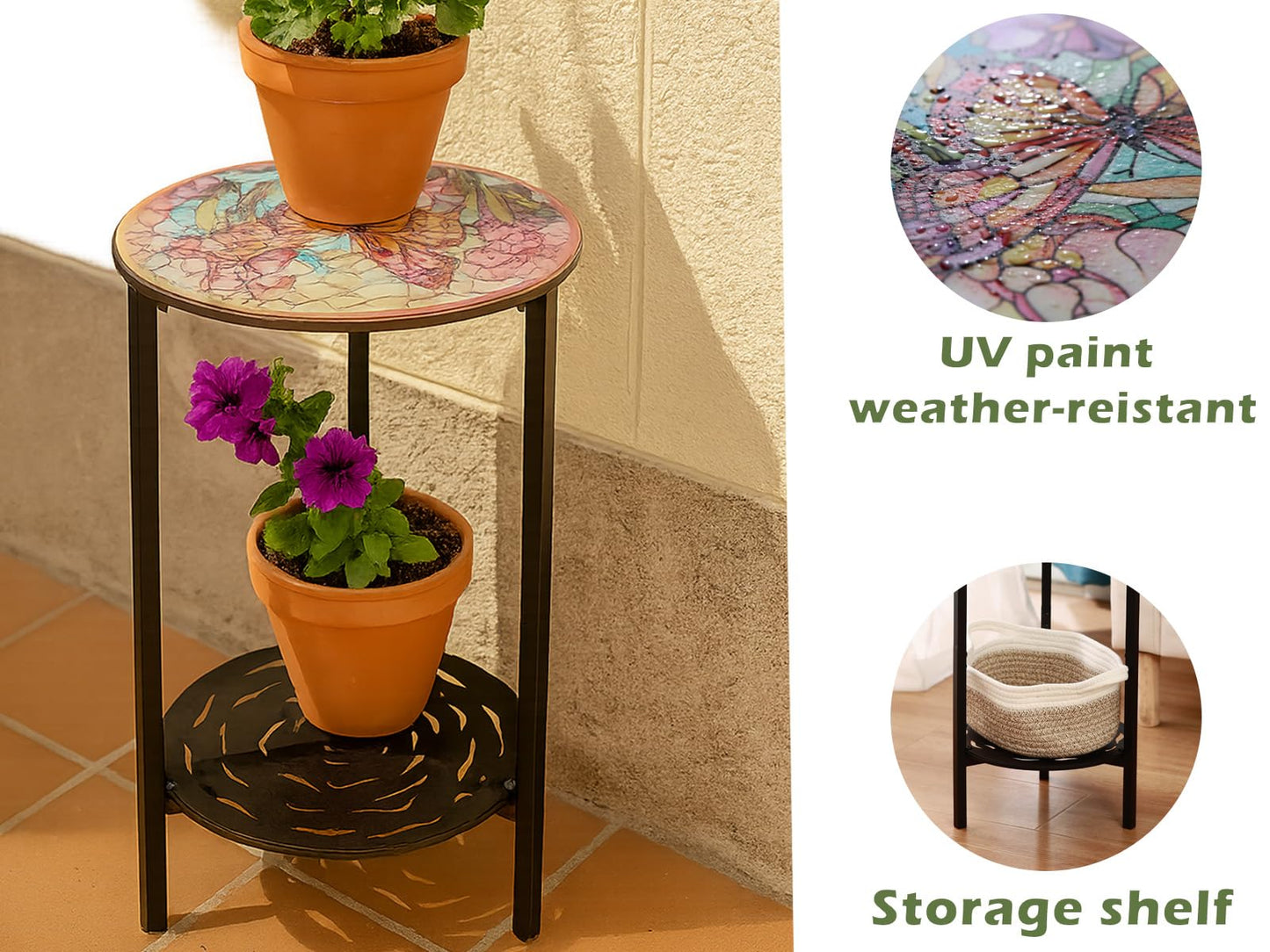 lucpur 2-Tier Metal Round Side Table Black Accent Coffee Tables Small Space Corner Plant Stand Shelf for Indoor Outdoor Use Patio Balcony End Table Butterfly Print Weather-Resistant