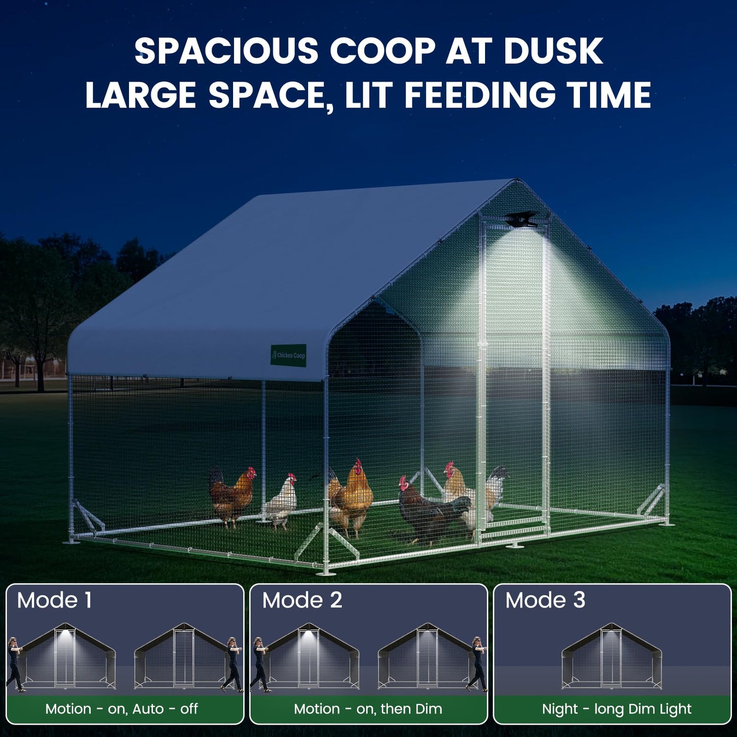 Large Walk-in Metal Chicken Coop with Chicken Run & Hardware Cloth, Solar Light, Waterproof & UV-Resistant Cover, Outdoor Poultry Cage for Farm Use