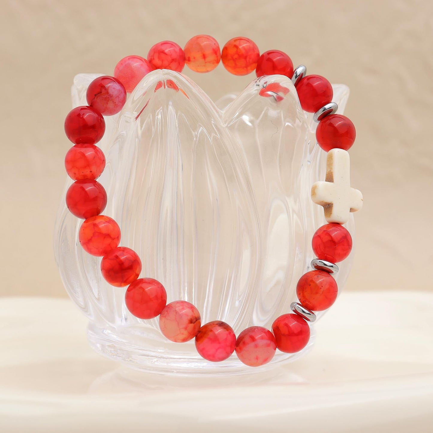 Frigotine Cross Red Agate Beaded Stretch Protection Bracelet for Man Woman, Handmade Carnelian Healing Stone Chakra Beads Elastic Bracelets Catholic Religious Accessories Fashion Jewelry Gift