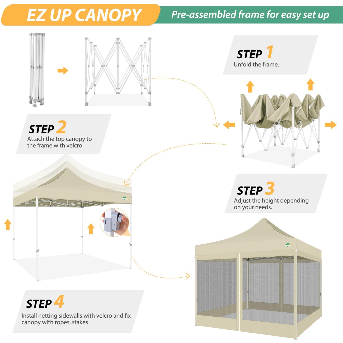 COBIZI 10x10 Canopy Tent with 4 Sidewalls,Heavy Duty Pop up Canopy with Mosquito Netting,Easy up Screen Tent for Parties Wedding Outdoor Camping with Handbag,Khaki
