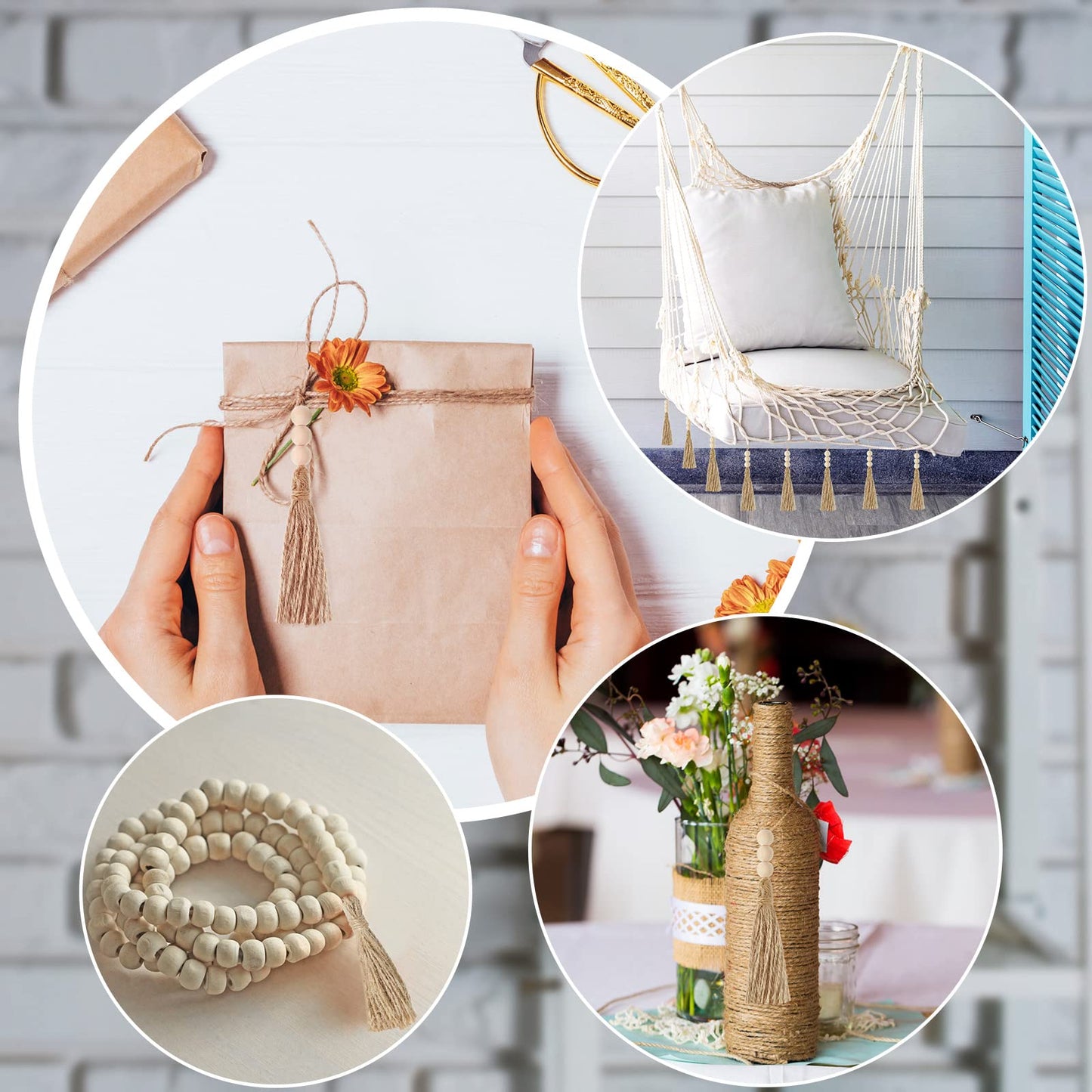 Taiyin 40 Sets Jute Tassels with 3 Wood Beads Natural Jute Rope Burlap Tassels for Christmas Tree DIY Craft Wood Beads Garland Project Wedding Home Party Decorations