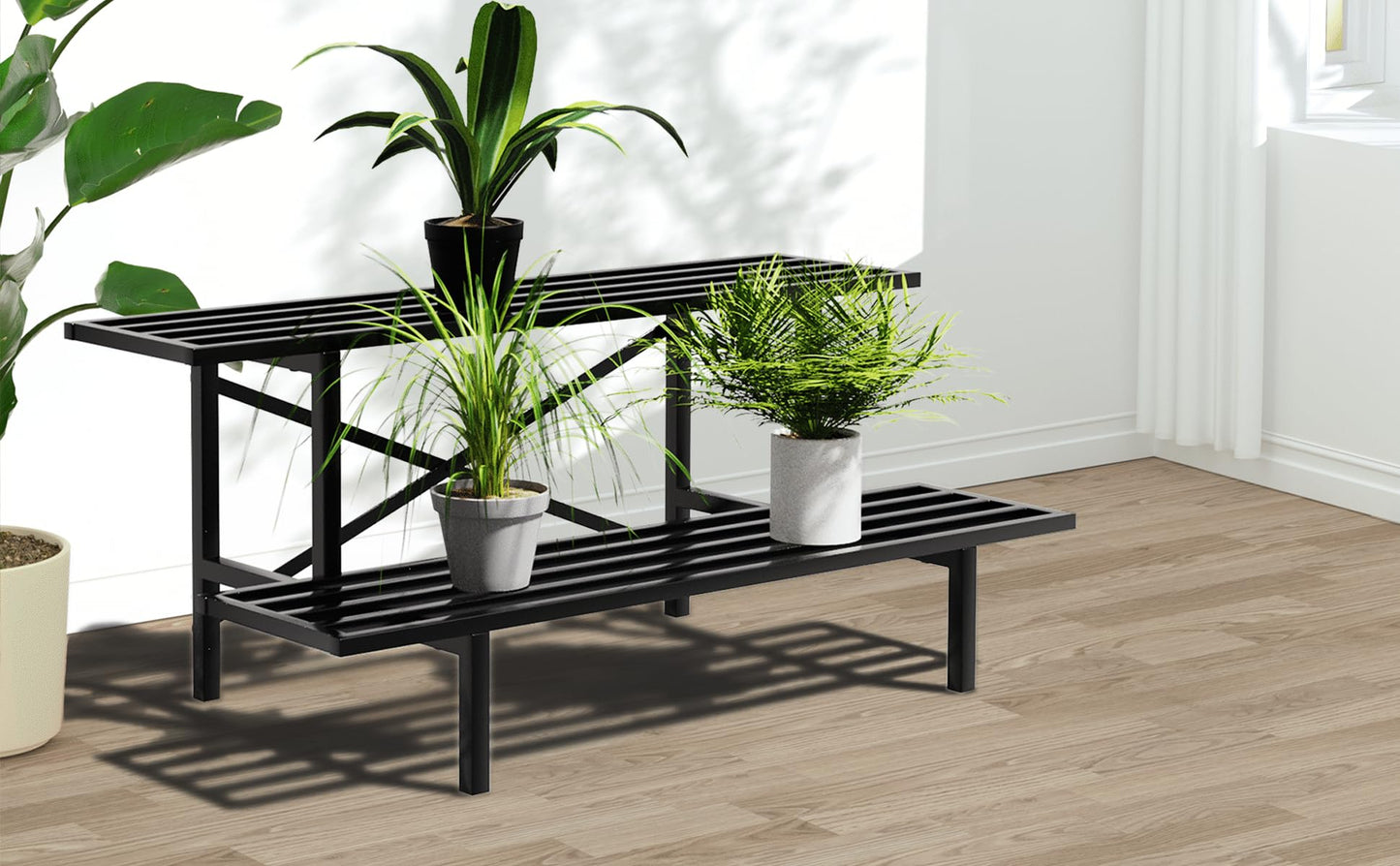 Zhongma 2 Tier Sturdy Metal Plant Stand Heavy Duty Plant Holder for Home Indoor and Outdoor, L35.43 x W17.5 x H14 inch, 440 LBS Capacity & Heavy Duty Construction.