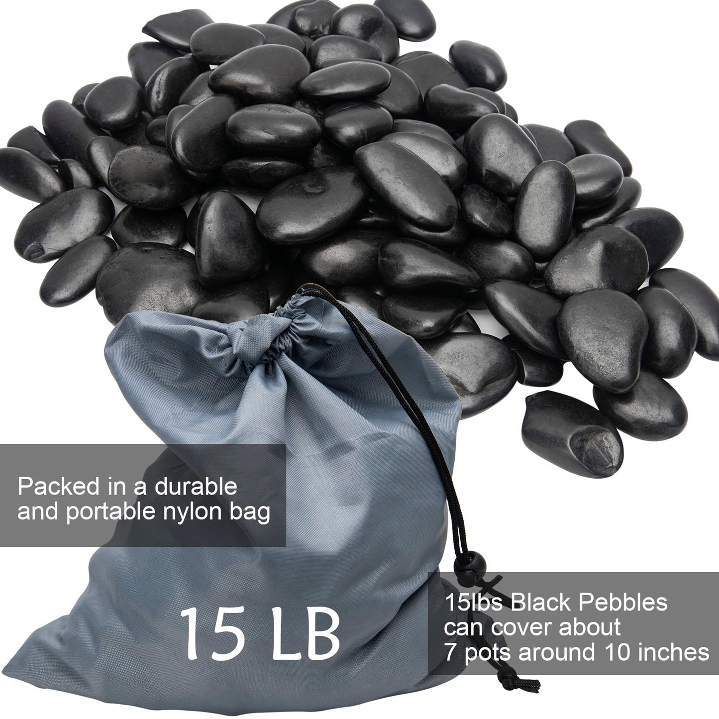 Black River Rocks - Large Polished Black Pebbles for Plants & Garden Decorative Stones, 1-2 Inch, 15 Pound