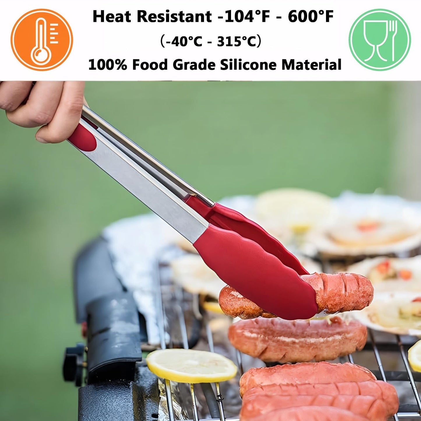 IOCBYHZ Kitchen Tongs for Cooking w Non-Stick Silicone Tips, 600°F Heat Resistant Silicone Cooking Food Tong Set Heavy Duty Stainless Steel Handle for Baking Grilling BBQ Salad Serving, 7" 9" and 12"