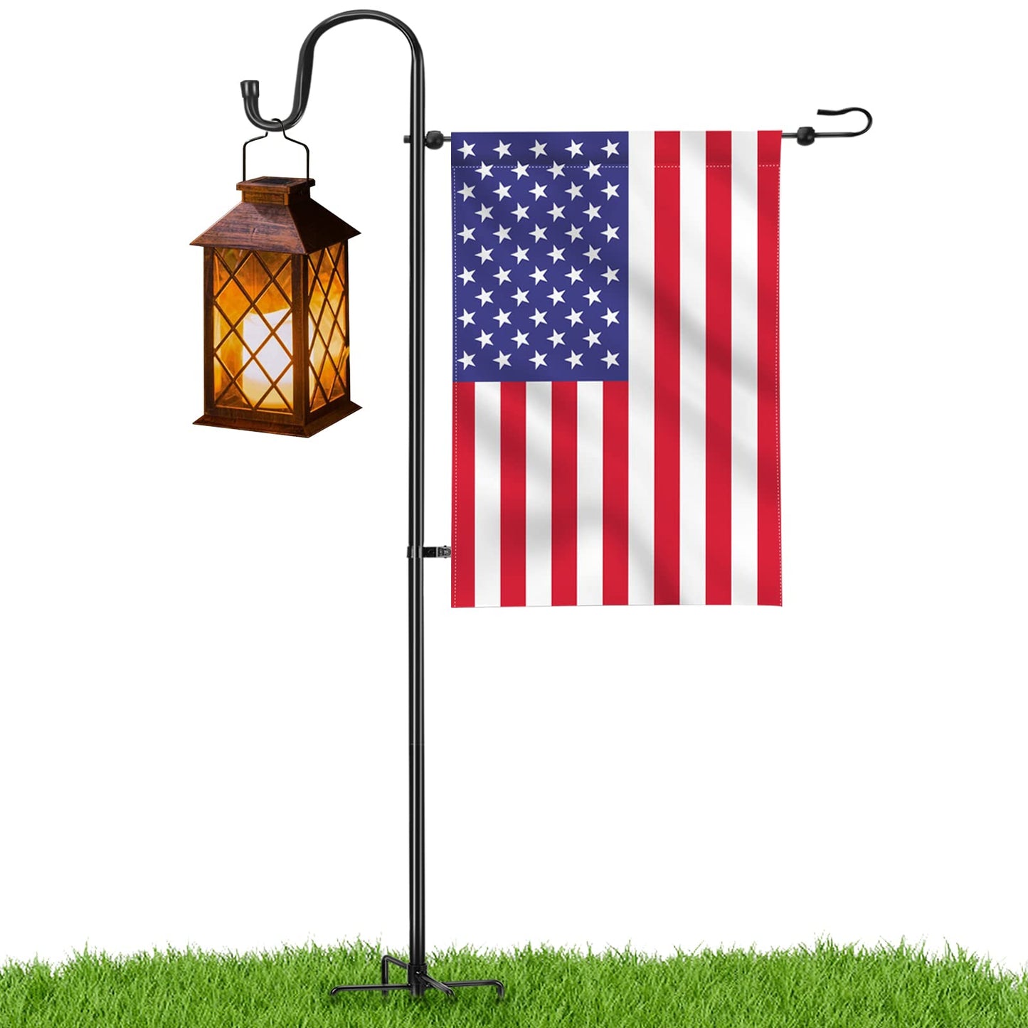LOPANNY Garden Flag Stand - Upgraded Garden Flag Pole with Shepherd Hooks for 12 x 18 Flag, 45IN Yard Flag Holder Stand for Small Flags(Without Solar Lights & Flag)