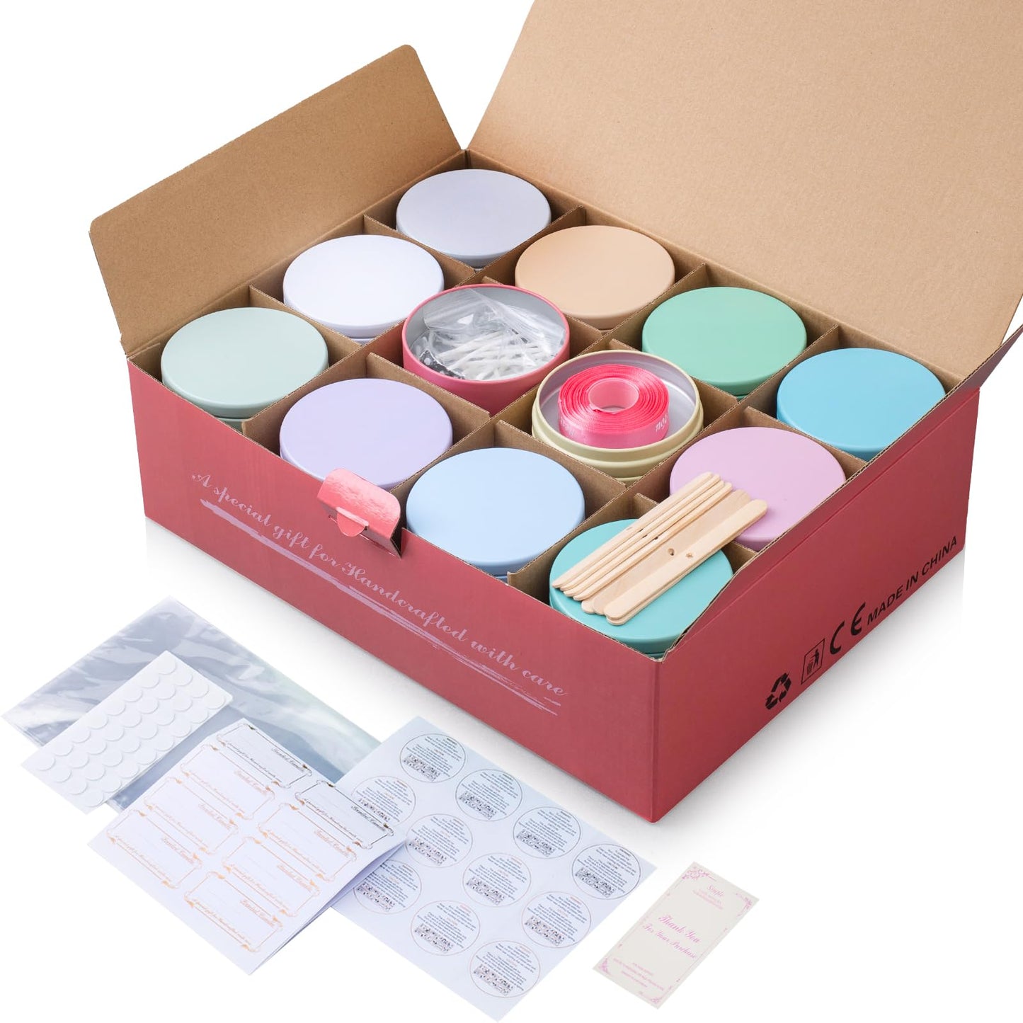 Domivirgo 24 Empty Candle Tins 8 oz with Lids for Making Candles - Simple Candle Making Kit, Include Wicks, Holders & Stickers, Labels, Pink Ribbon,Gift Box & Card and Transparent Bags (Colorful)