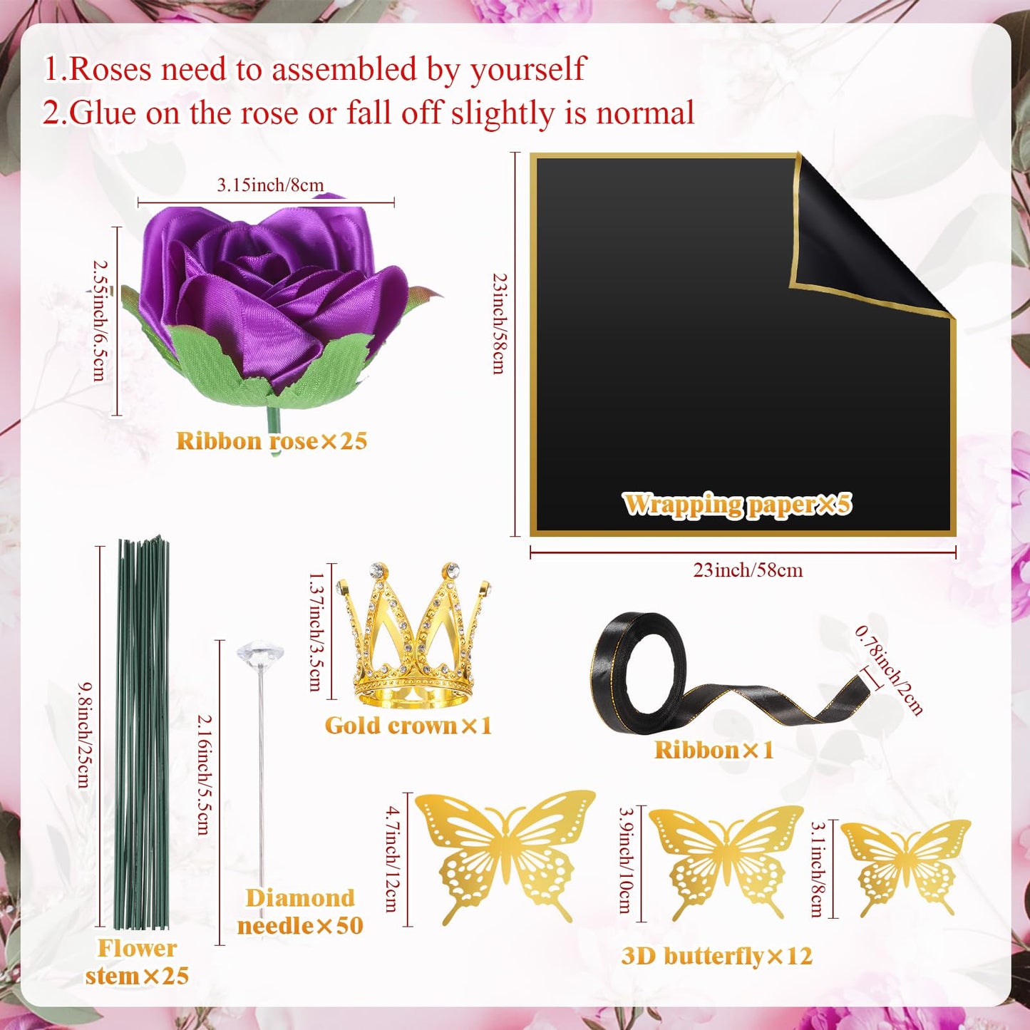 Riceshoot 25 Sets Ribbon Rose Bouquet DIY Fake Roses with Stems Faux Flowers Bouquet Kit Wrapping Paper Crown 3D Butterflies for Graduation Anniversary Birthday Wedding Gift(Purple)