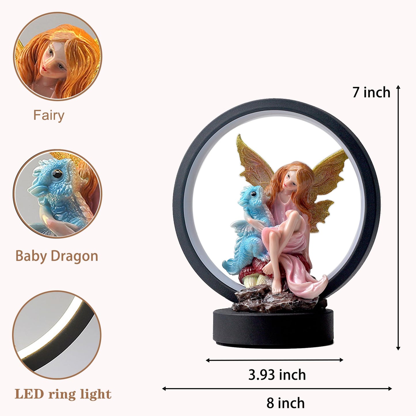 Hmusnwol Fairy Dragon Figurine Lamp - Fairy Collection Pixie Statue with 6.15 inch LED Circle Table Lamp for Gifts,Fantasy/Bedroom/Bookshelf/Desk Decoration