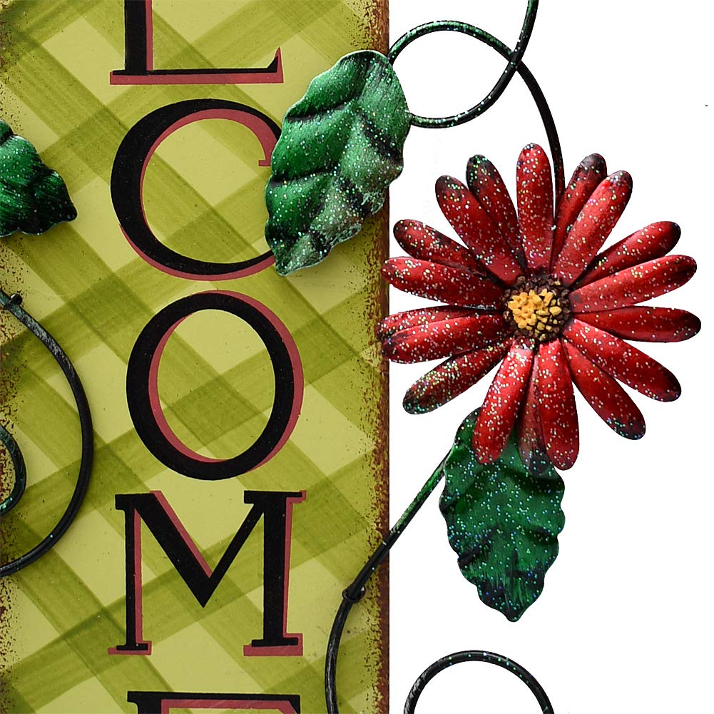 E-view Metal Welcome Sign Rustic Wall Hanging Plaque - Decorative Welcome Flower Signs for Porch Front Door Farmhouse Home Decoration Garden Themed Wreath Ornament (Red)