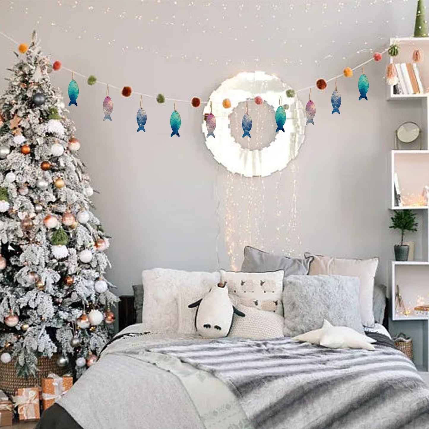 40 Pcs Fish Template Wood Cutouts Unfinished Wooden Ornaments Craft Slices to Paint Mini DIY Blank Wood Discs Ornament with Holes Rope for Home Crafts Hanging Decoration