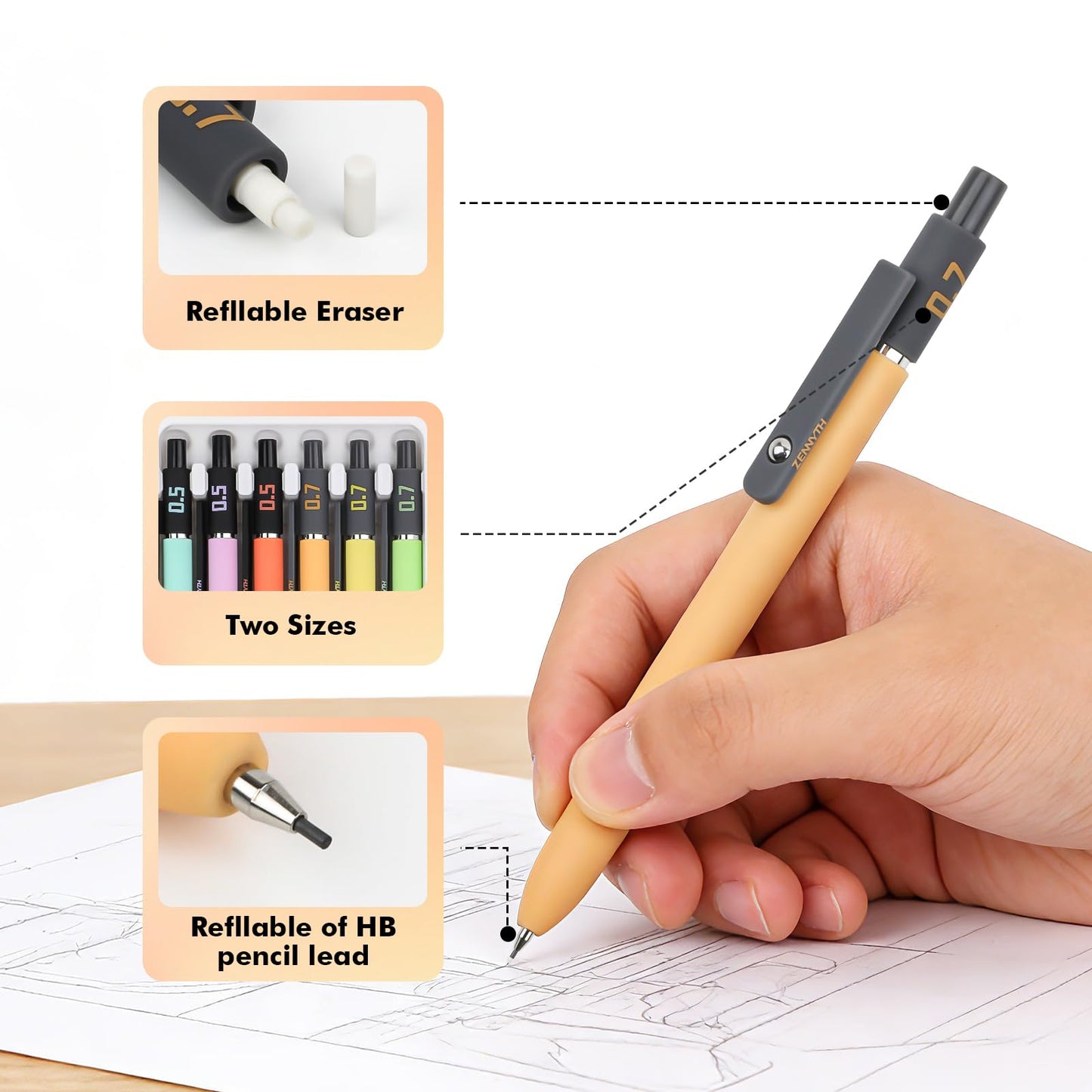 Ddaowanx Mechanical Pencil Set, 6PCS Art Mechanical Pencils 0.5 & 0.7mm with 4 Boxes HB Leads, 2PCS Erasers and 10PCS Eraser Refills, Gifts for Teen Girls, School Supplies (6PCS 0.5 + 0.7 mm)