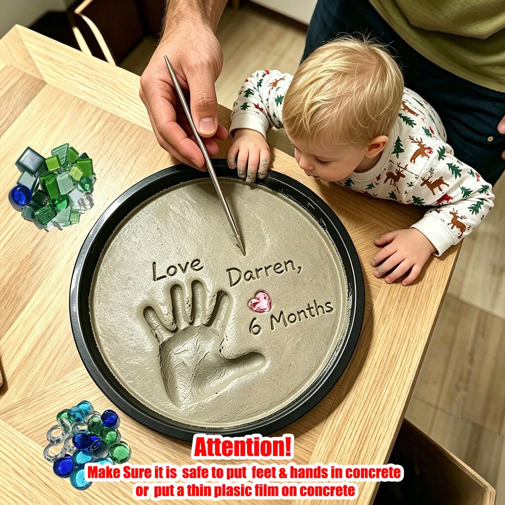 Handprint Stepping Stone DIY Kit - Reusable 10.Inch Round Concrete Molds+ Steel Carving Sticks+ Mosaics & Crystal Heart for Hand/Foot Print, Footprint Craft Witness of Special Time/None Cement