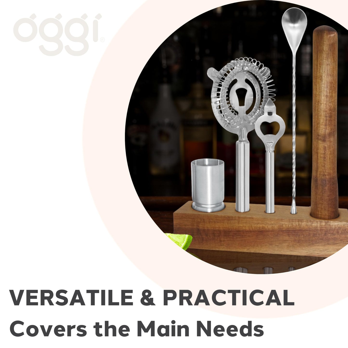 OGGI 6-Piece Slim Bartender Kit - Ideal Bar Cart Accessories, Great Decor and Accessories for the Home Bar, Bartending Kit - Acacia Base & Muddler, Stainless Stirrer, Opener, Jigger, Cocktail Strainer