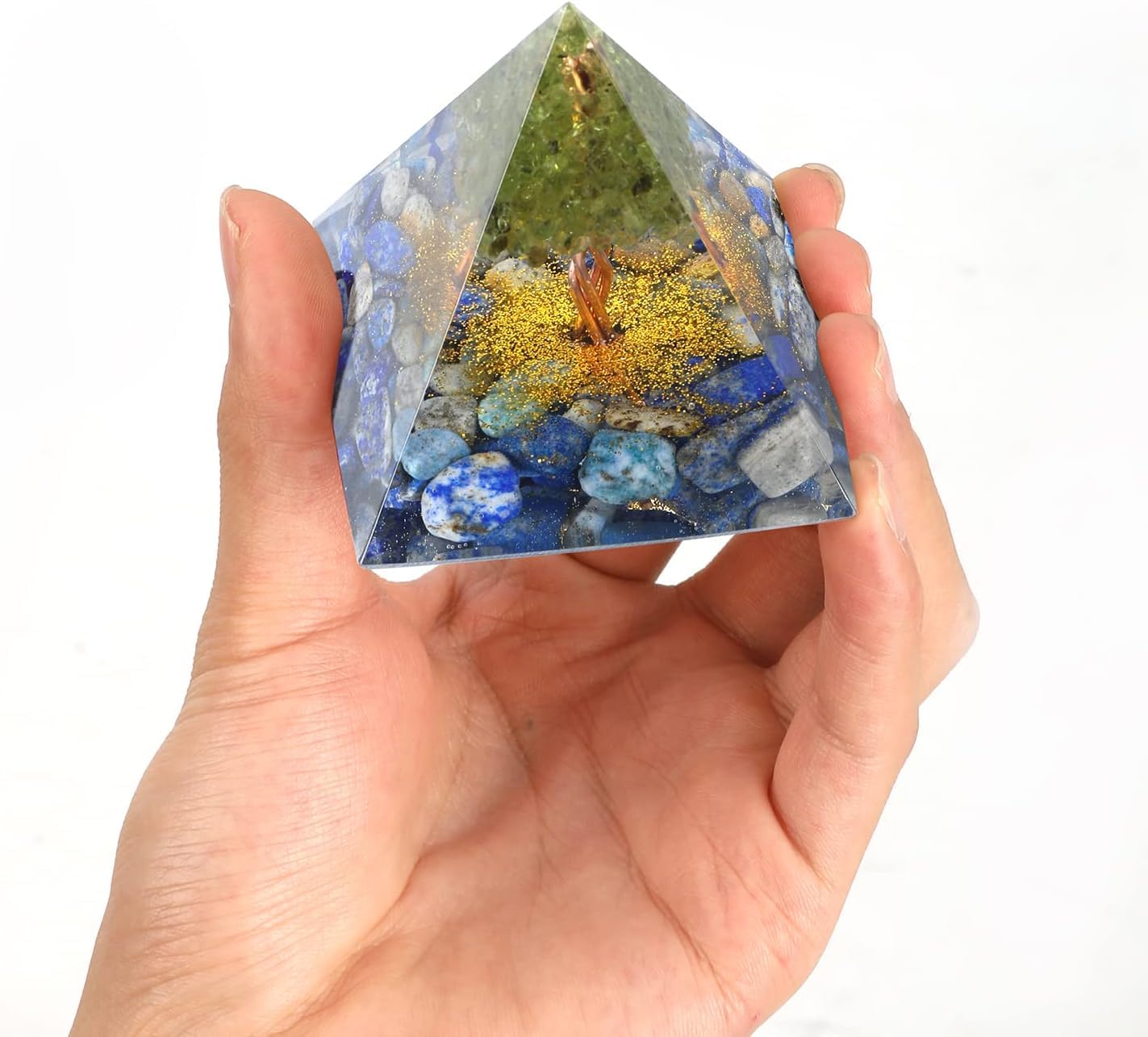 EternalOrgone Tree of Life Orgone Pyramid for Positive Energy, Orgonite Peridot&Lapis Lazuli Healing Crystal Pyramids for Reduce Stress Chakra Reiki Healing Meditation Attracts Lucky and Success