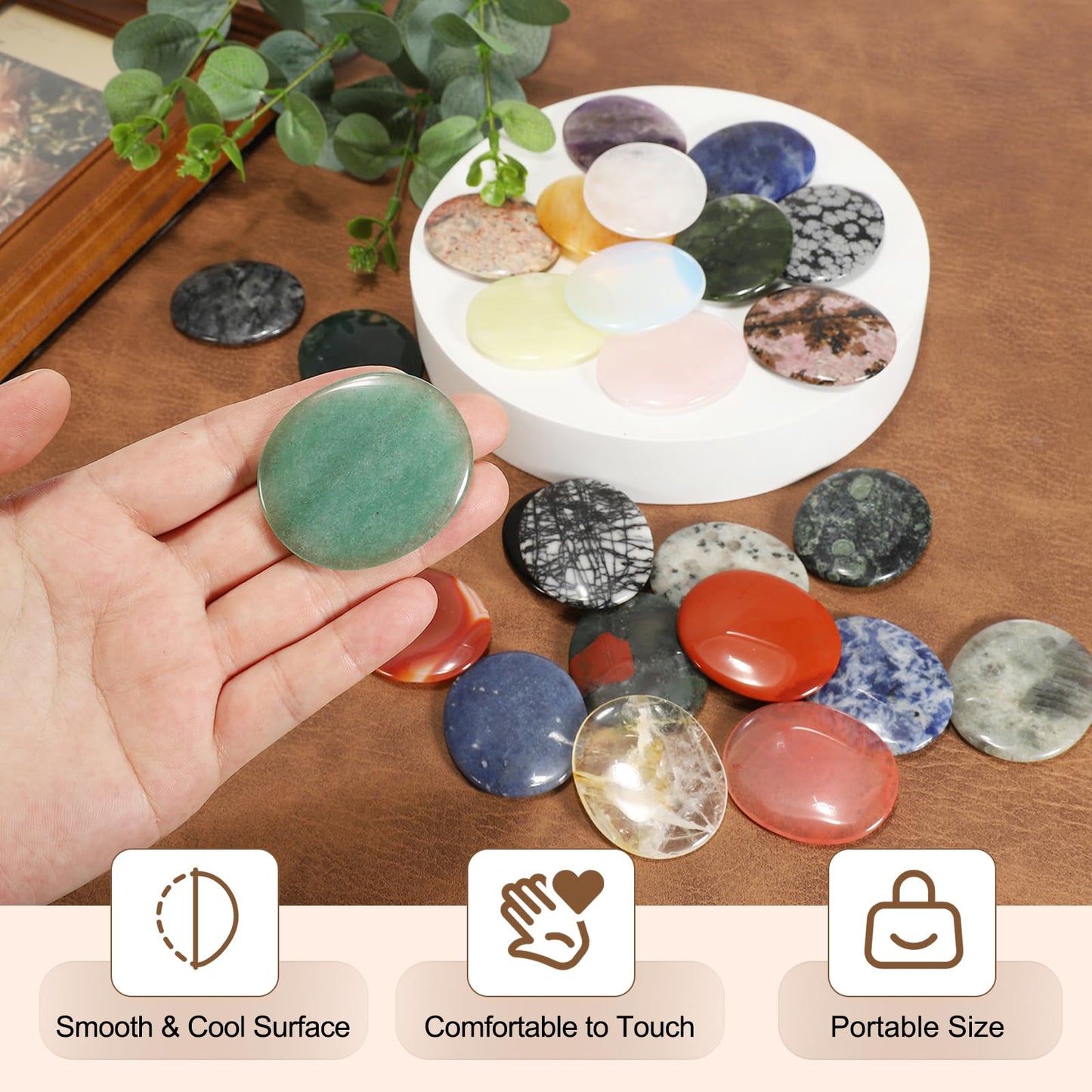 MECCANIXITY 2 Pcs Thumb Worry Stone for Anxiety, Moss Agate Relief Crystals Hand Thumb Stones Pocket Gems Natural Polished for Yoga Meditation Relief
