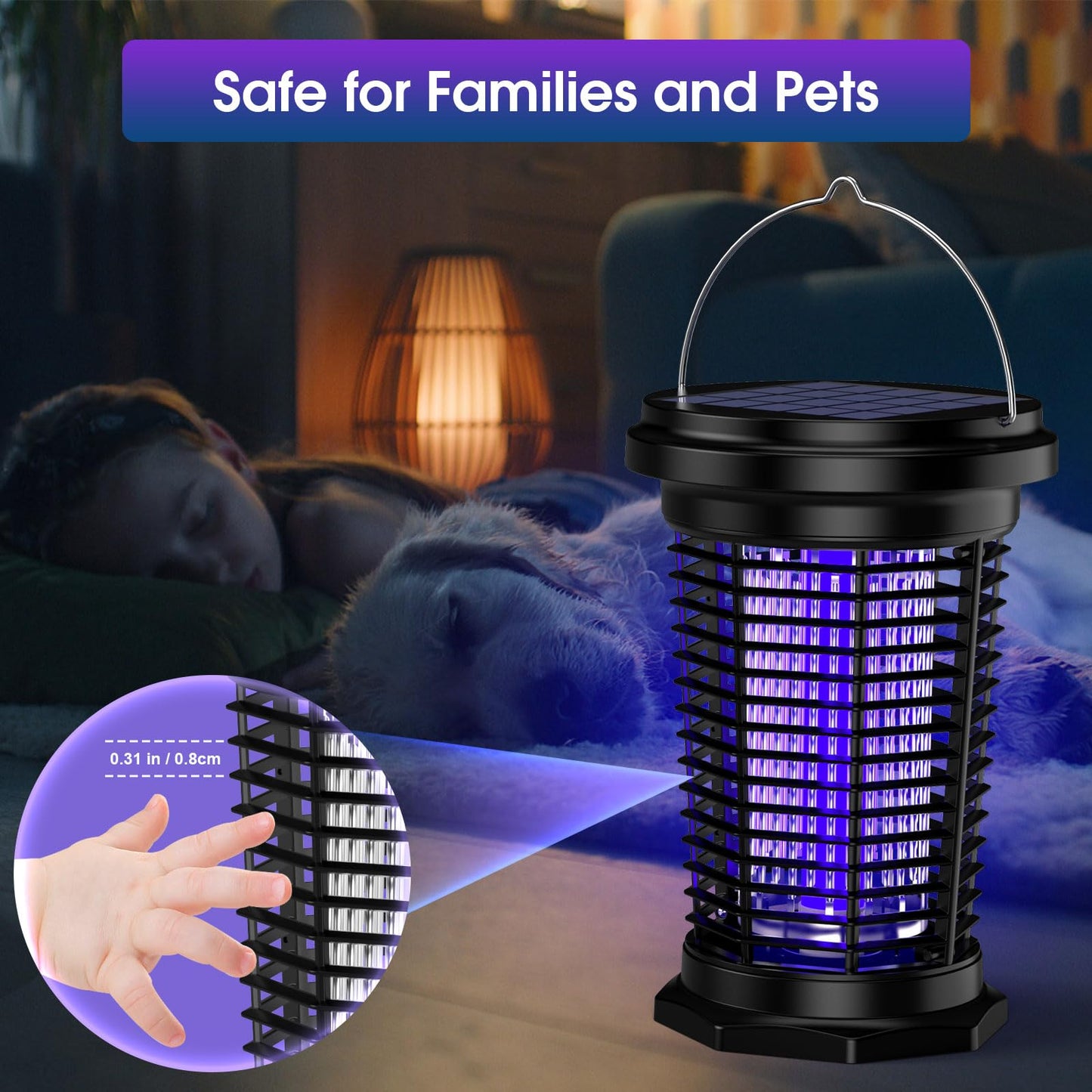 Solar Bug Zapper Outdoor & Indoor with 1.5W+4.5W Dual Solar Panel 2026, USB Rechargeable Electric Mosquito Zapper for Flies Gnats Moths, Fly Trap for Home, Patio, Backyard, Camping, Garden