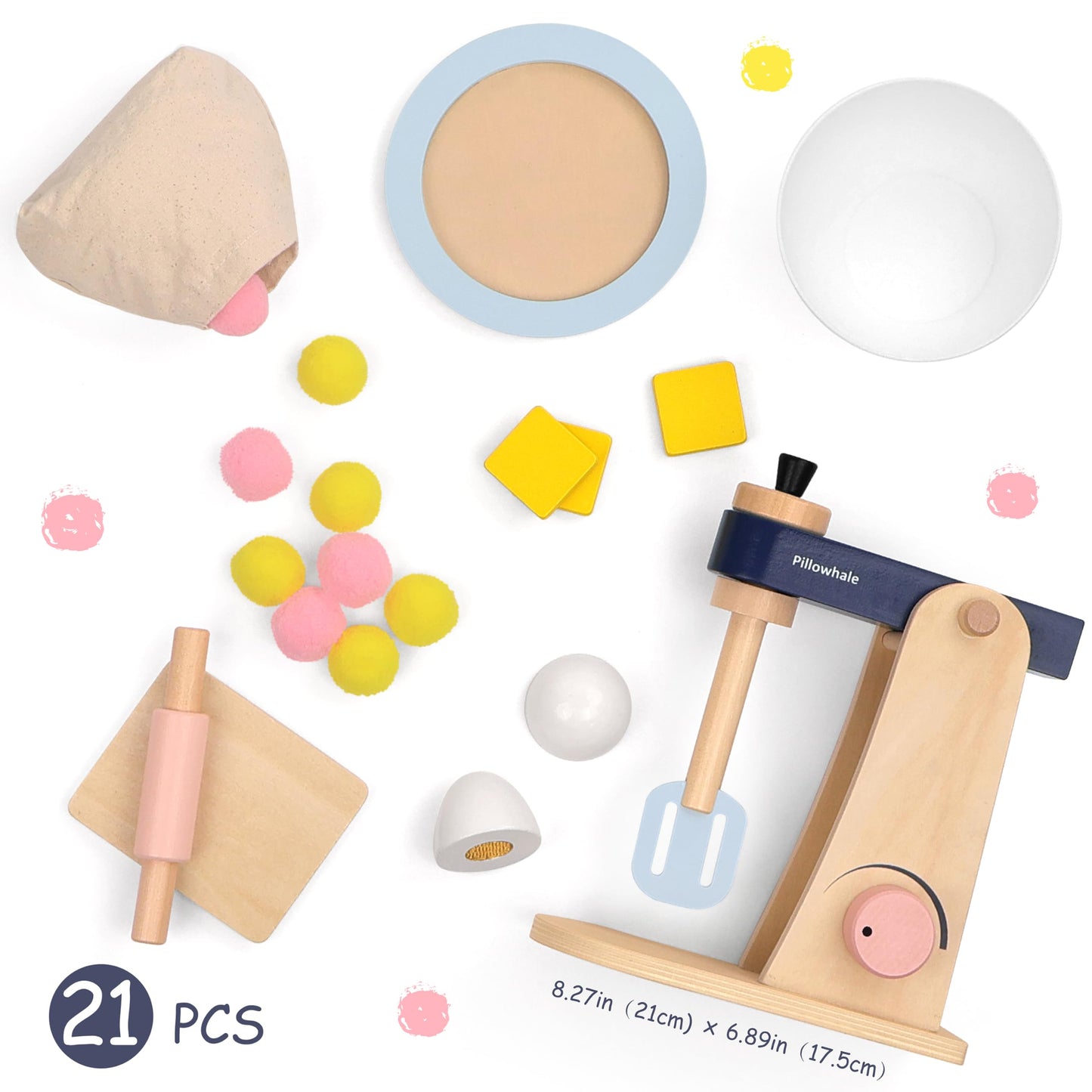 Pillowhale Wooden Kitchen Toys Mixer for Toddlers Age 3+ - 21pcs Montessori Pretend Play Baking Set with Bowl & Rolling Pin, Toy Kitchen Accessories Gift for Girls Boys