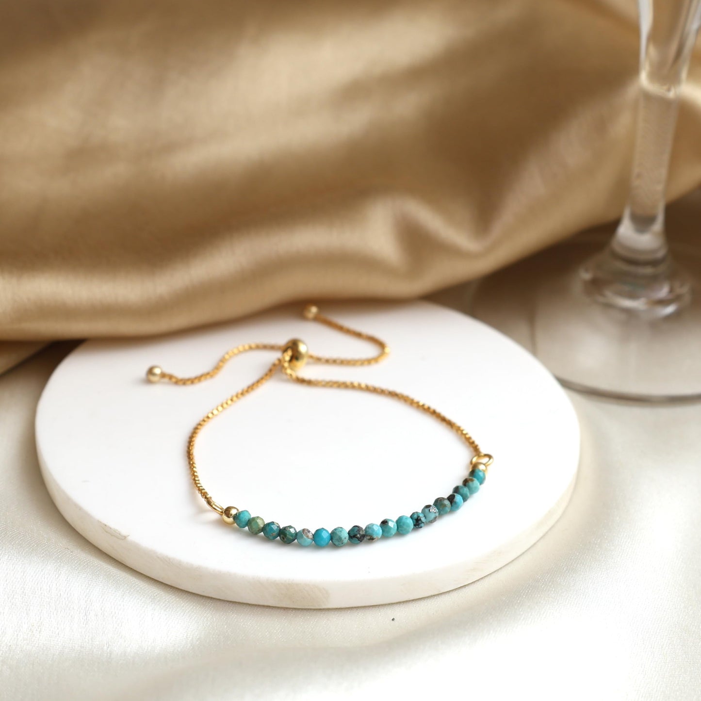 Gempires Turquoise Beaded Bracelet, Birthstone Bracelet, December Birthstone Jewelry, Bolo Beads Bracelet, 14k Gold Plated Chain (6-9 inch Adjustable Length)