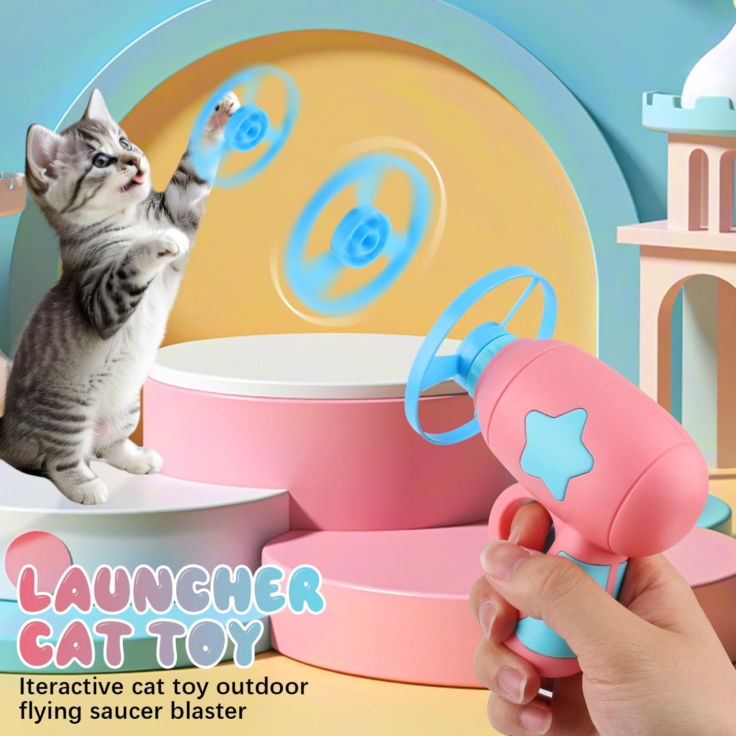 2PCS Cat Fetch Disc Launcher Toy with Colorful Flying Propellers Set,Cat Playing Tracking LED Spinning Top Interactive Toys for Kitten Chasing Training Hunting（Pink+Blue）
