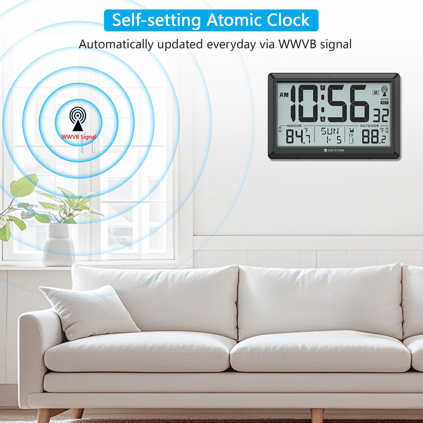 Atomic Clock Wall with Indoor/Outdoor Temp, Battery Operated Digital Wall Clock with 10.5" Large LCD Display, 330ft Range Desk Table Clock with Alarm, DST, Calendar for Living Room Bedrooms, Black