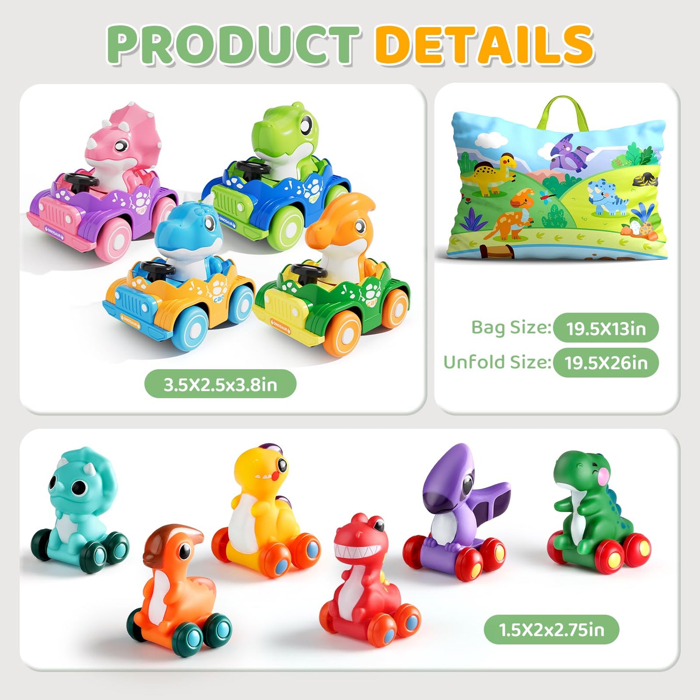 ALASOU 10 PCS Dinosaur Car Toys for 1 Year Old Boy with Playmat/Storage Bag|Baby Toys 1 Year Old Boy Gifts for Toddler Toys 1-2|1st Birthday Gift for Infant 12 18 Months