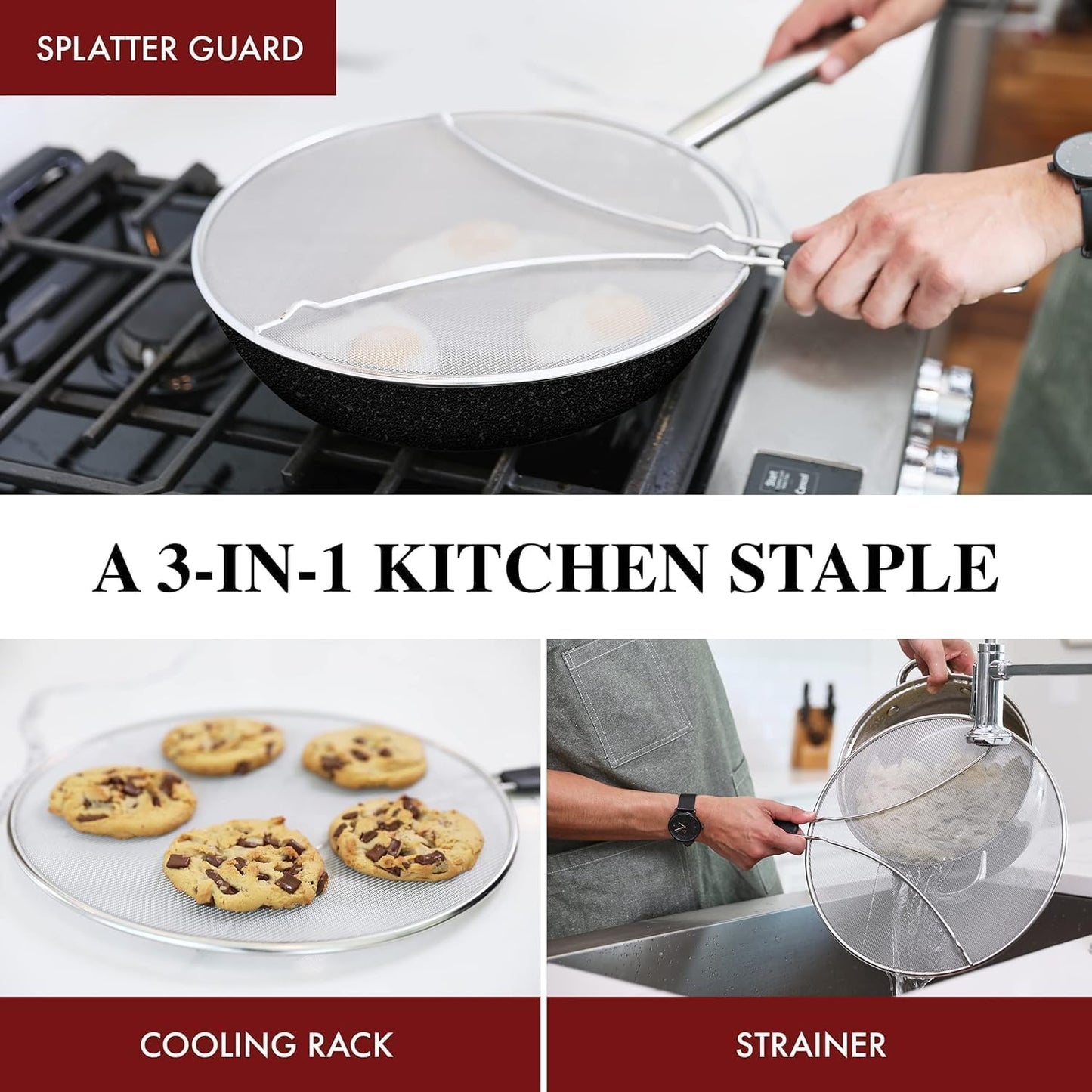 Stainless Steel Grease Splatter Guard, Fine Mesh Cover, Grease & Oil, Splatter Screen for Frying Pan, Cooking Pots, with Comfort Grip Handles (9.5/11.5/13 inches)