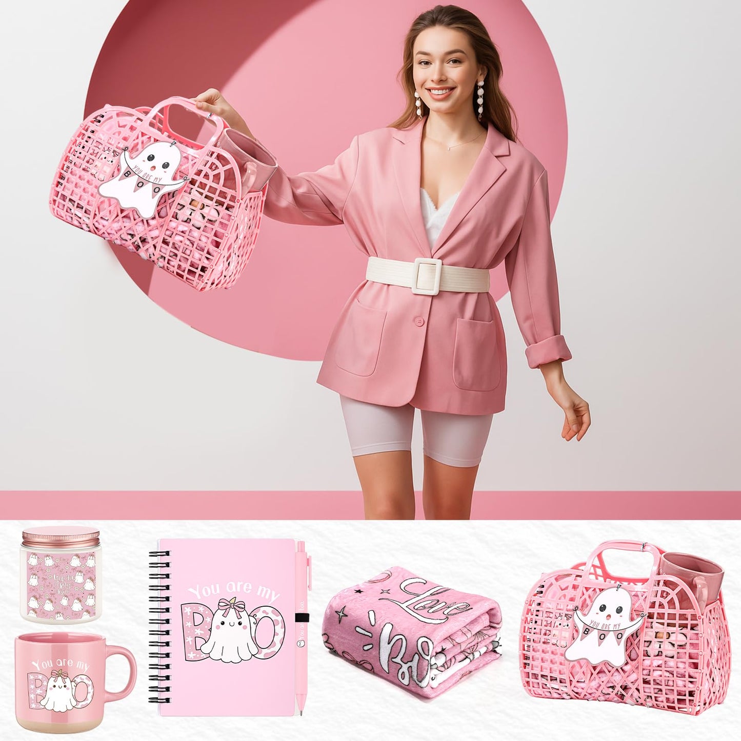 Roshtia 1 Set 7pcs Valentines You're My Boo Basket Gifts for Girlfriend You're My Boo Pink Ghost Handbag Throw Blanket Coffee Mug Candle Jar Spiral Journal Pen Card(Halloween)