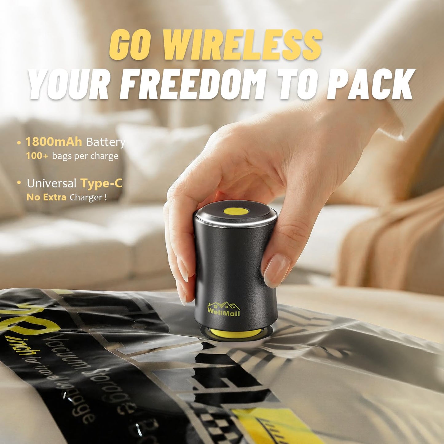 WellMall Cordless Vacuum Bags for travel - 18 Pack Rechargeable Wireless Vacuum Seal Bags for Clothing Travel, Space Saver vacuum storage bags with pump for Clothes, Blankets & Luggage Organization
