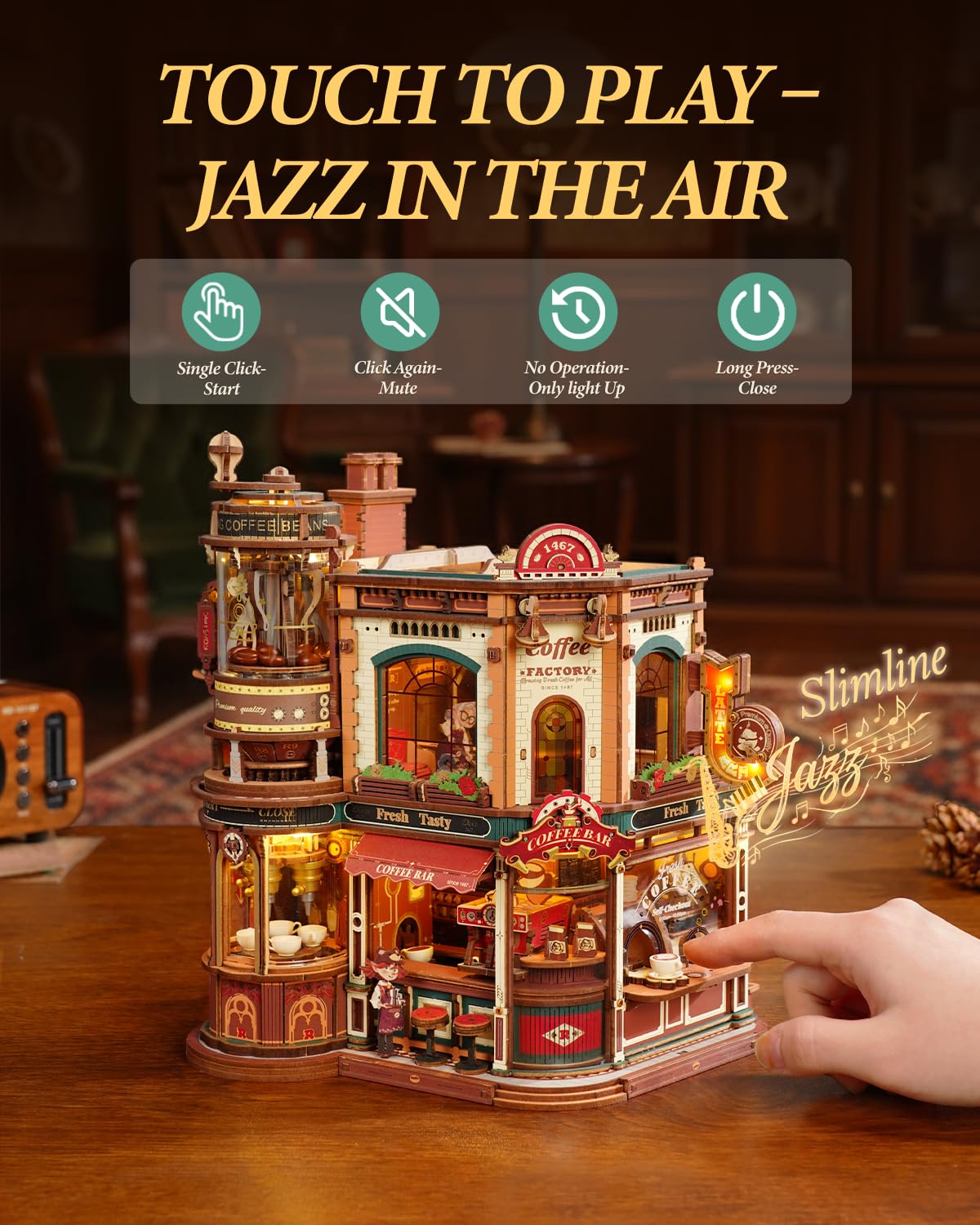 ROKR Moving Dream Coffee Factory DIY Miniature House Kit - 3D Wooden Puzzles for Adults with Music Box & LED Lights, No Glue Kinetic Model Building Kit, Unique Home Decor Gifts for Adults Women Men