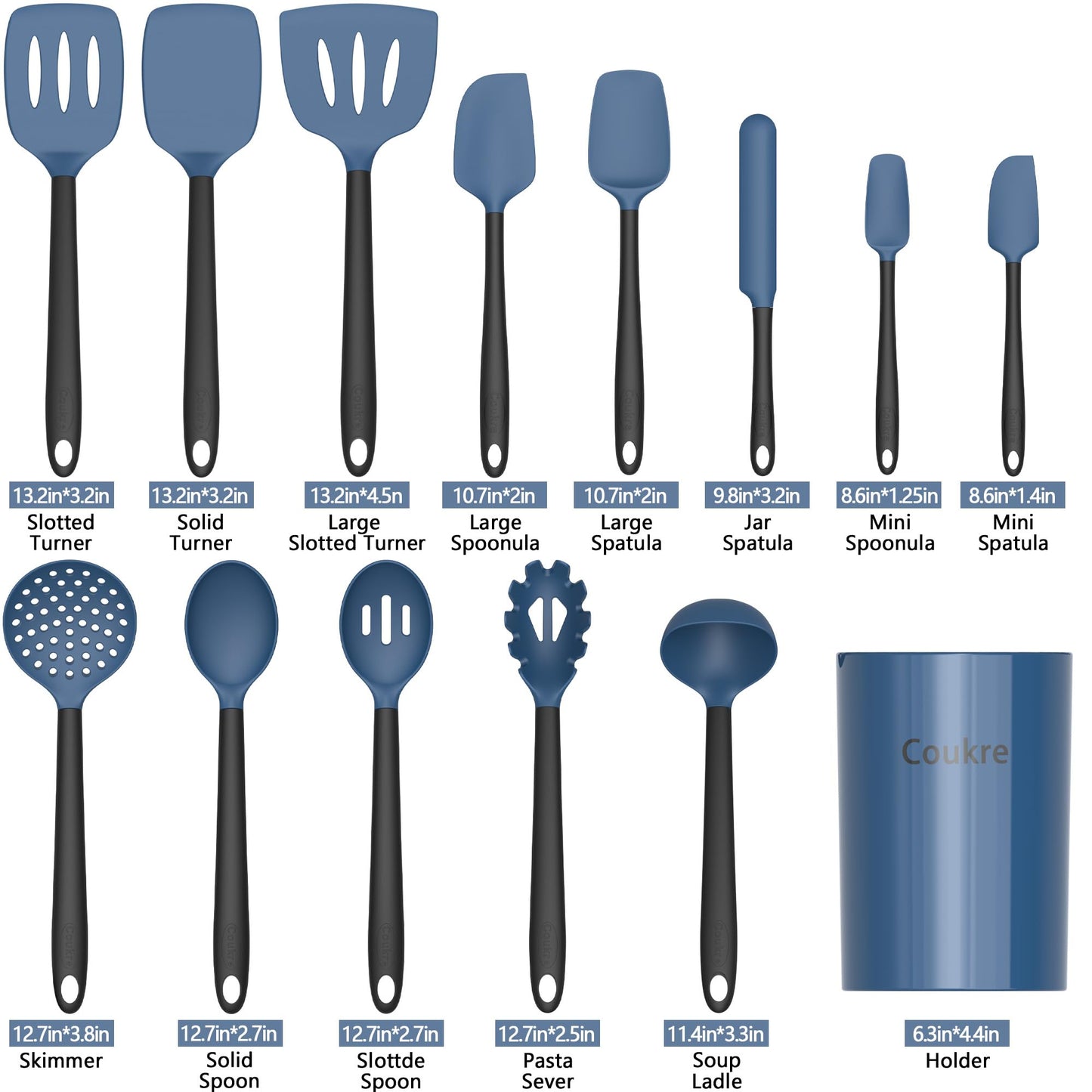 Coukre Silicone Kitchen Cooking Utensils Set with Holder – Heat-Resistant, Food-Grade Kitchen Tools, Spatula, Spoon & Gadgets for Non-Stick Pans, Dishwasher Safe (14, DarkBlue)