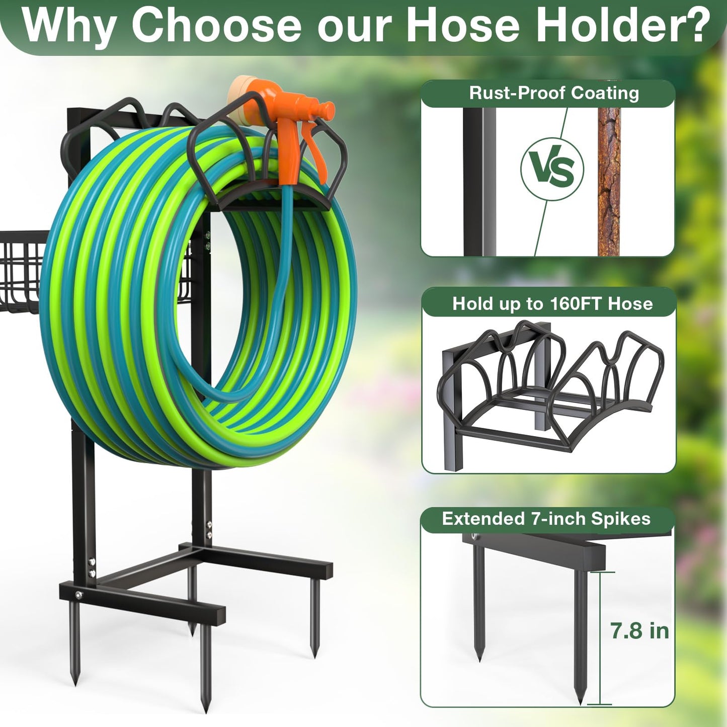 Qatsrin Upgraded Garden Hose Holder with Large Basket, Heavy Duty Water Hose Holder Supports 160-ft Hoses, Freestanding Detachable Hose Stand Storage Reel Hanger Rack for Yard Lawn Farm