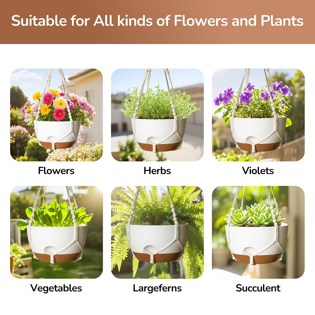 LESOASIS 12 Inch Hanging Baskets for Plants Outdoor, Hanging Planters for Indoor Outdoor Plants, Hanging Planter with Self Watering, Hanging Flower Pots (White Planter with Macrame + Iron Hangers)