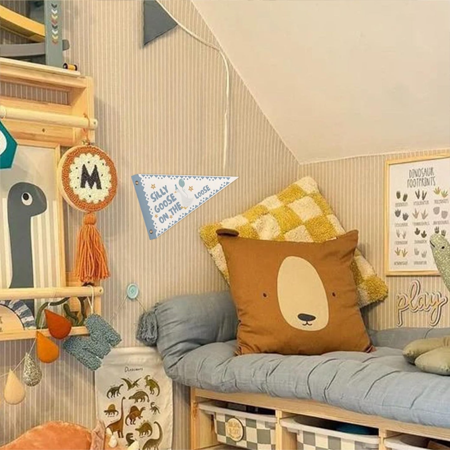WXHUM Playroom Kids Room Nursery Wall Art Decor, Silly Goose On the Loose Felt Pennant Banner Flags, Silly Goose Birthday Wall Decorations for Kid Boy Toddler Room, 8x14 Inch