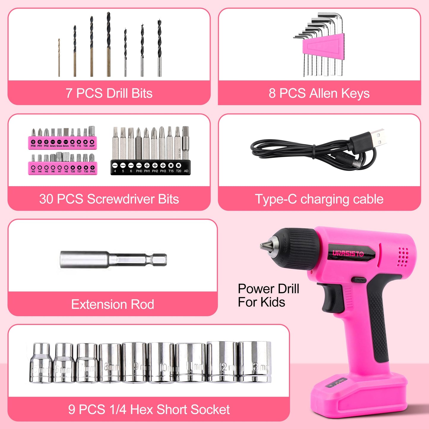 URASISTO 8V Pink Cordless Drill, Power Drill Tool Set, Built-in LED, 58pcs Acessories with Household Tool Set Gift Box, Pink Drill Set for Women