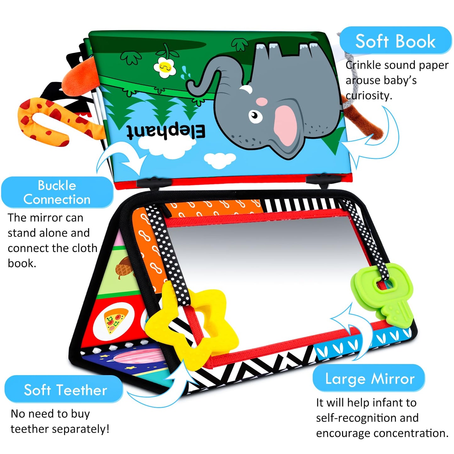 Aboosam Tummy Time Baby Mirror Toys 0-6 6-12 Months - Montessori Infant Toys Brain Development with Crinkle Cloth Book and Teether - High Contrast Newborn Sensory Toys for Babies Boys Girls Gifts
