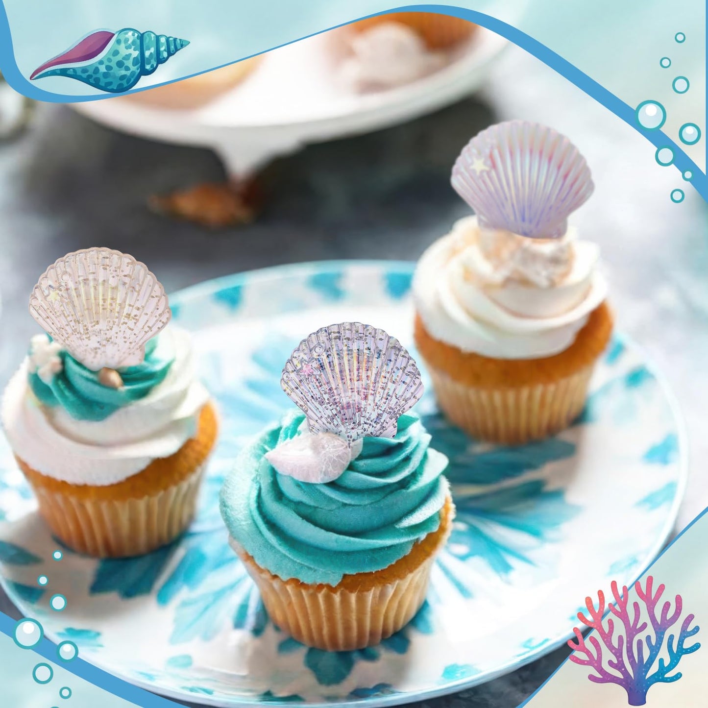 Kenning 24 Pcs Resin Seashell Cupcake Ring Toppers Under the Sea Cupcake Topper for Seashell Theme Birthday Party Cake Decorations Baby Shower Weeding Anniversary Sea Party Supplies