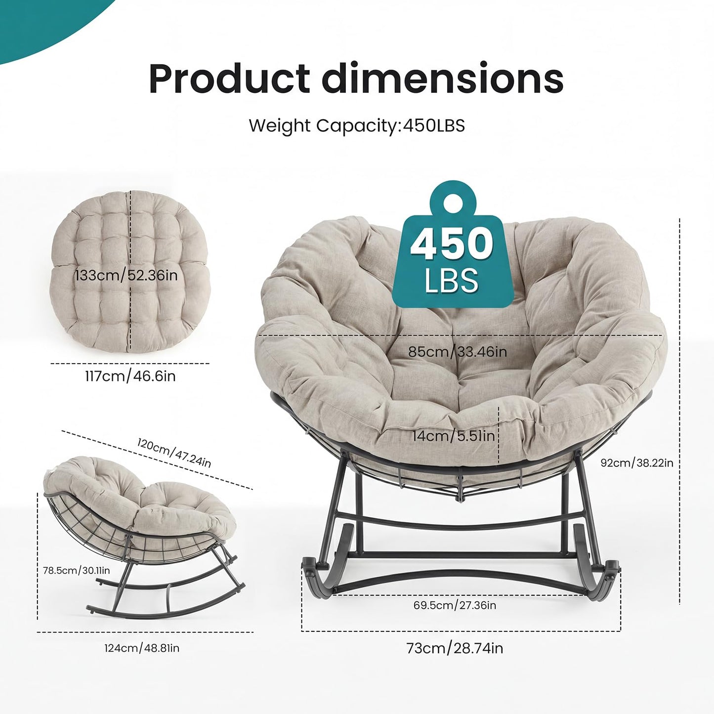OLIXIS Outdoor Rocking Chair with 5.5" Thick Cushion, Oversized Egg Lounge Chair with Water-Repellent & UV-Resistant Fabric, 450 Lbs Heavy Duty for Patio, Living Room, Garden, Bedroom, Beige