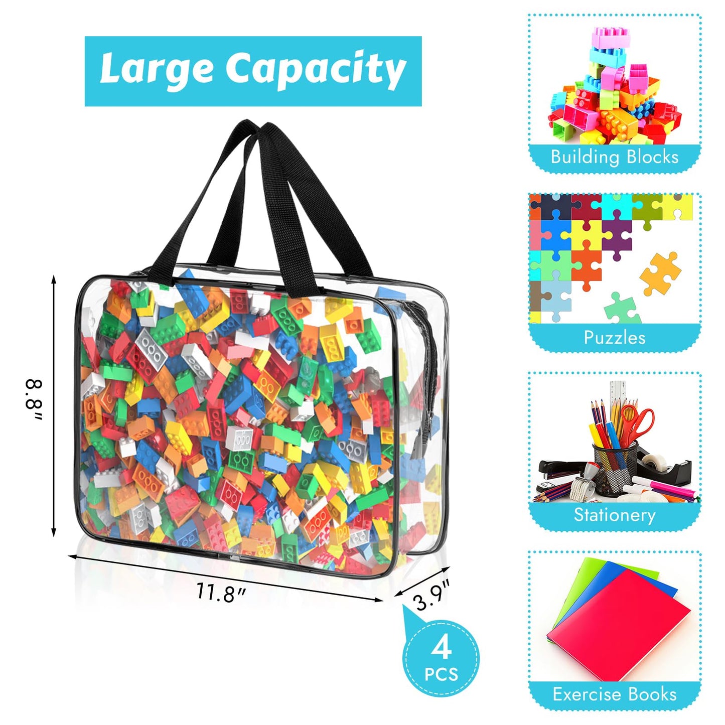 4 Pack Toy Storage Bags, Clear PVC Toy Organizer with Zipper, Large Black Waterproof Reusable Toy Bags with Labels for Puzzles, Building Blocks, Board Game, Stationery, Kids Books