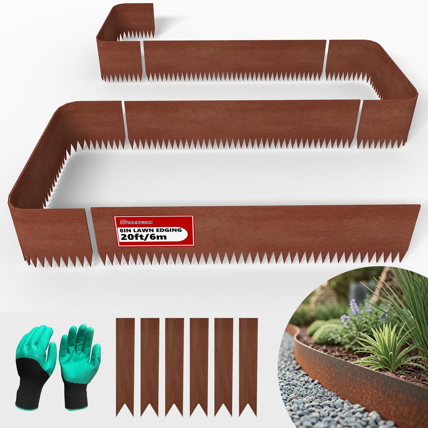 20ft. 6-Pack Cor-Ten Steel Landscape Edging - 40" L x 8" H Lawn Edging with 6 Stakes, Hammer-in Metal Garden Border for Landscaping, Lawn & Yard (Rusted)