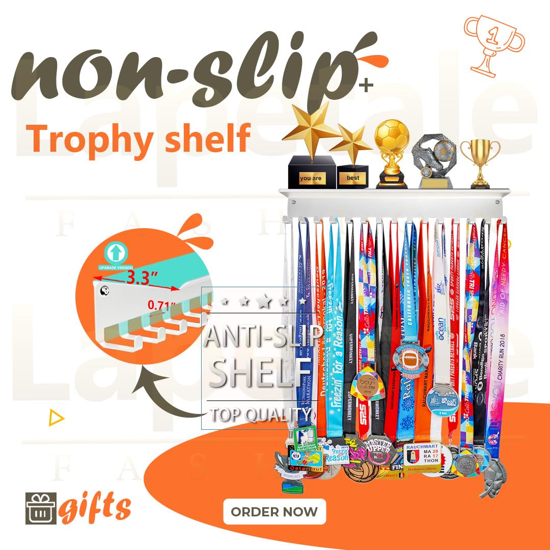 Lapetale Fashion Non-Slip White Trophy Shelf - 16 Inch Medal Hanger Display for Wall with Upgraded Shelves for Trophies, Gymnastics, Soccer, Swim