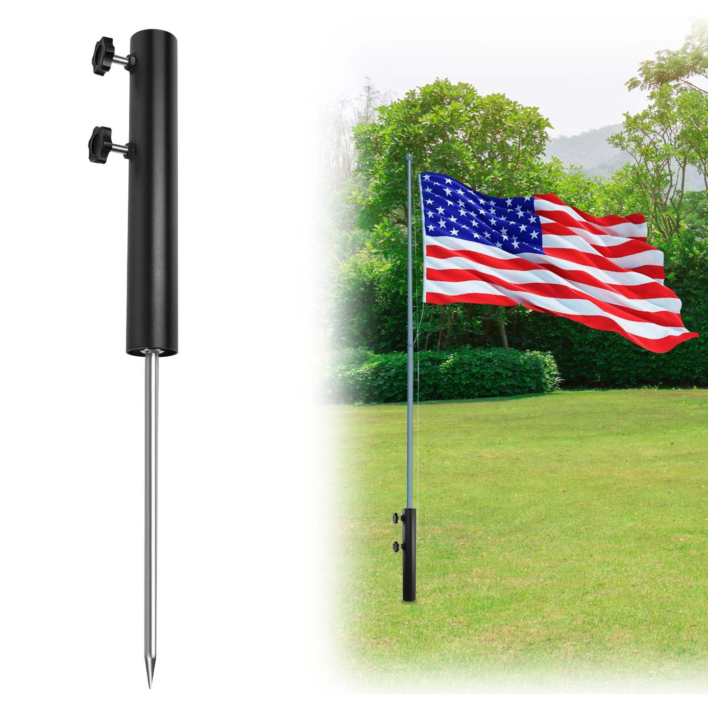 Wenfan Ground Mount for Portable Flagpole, Flag Poles for Outside House, 12 Inch Flag Spike with 12" Extended Tip Adjustable Inground Flagpole Ground Stake 1.65" Dia Beach Flagpole Holder, Black