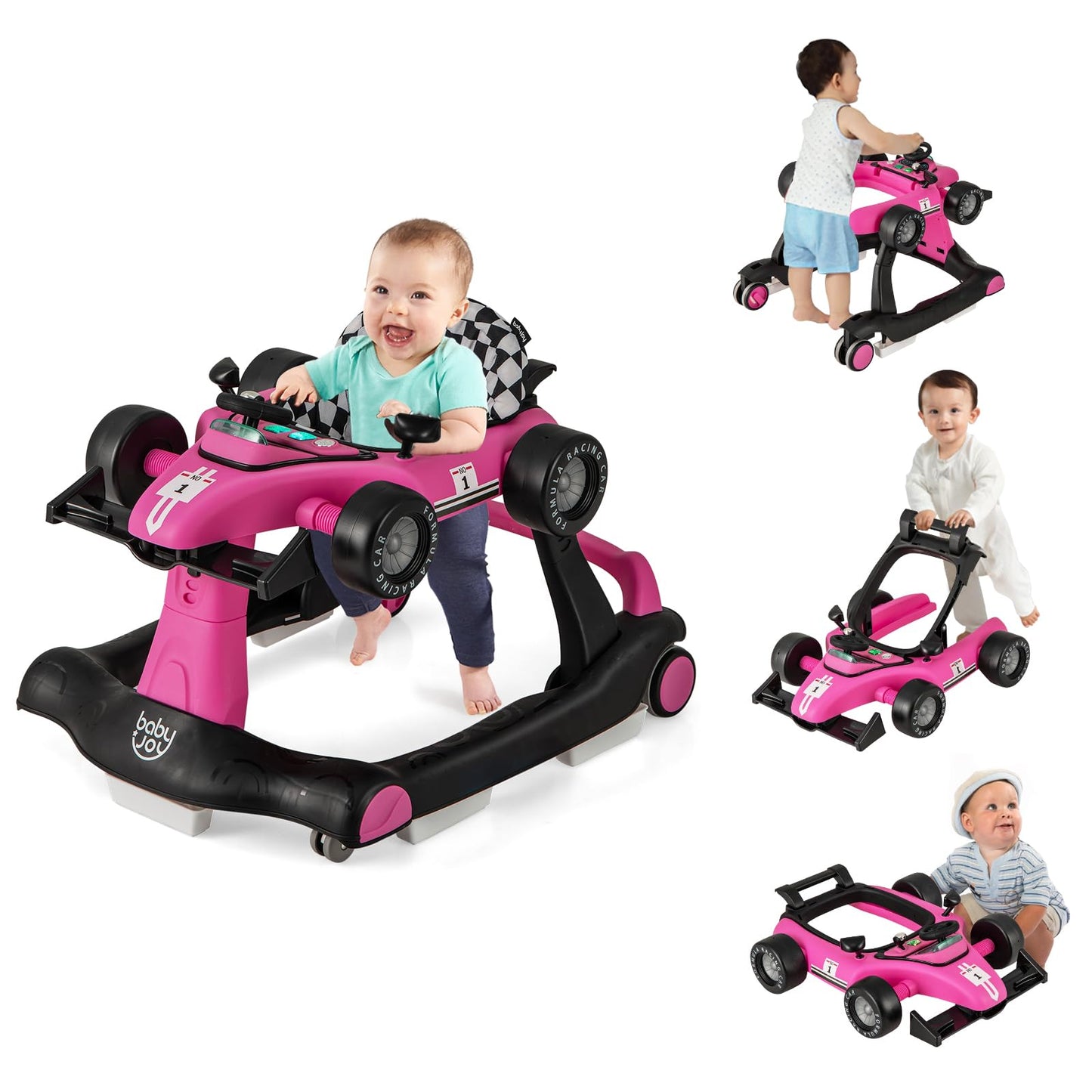 BABY JOY 4-in-1 Baby Walker, Foldable Activity Walker with Adjustable Height & Speed, Music, Lights, Anti-Rollover, Toddler Push Walker, Baby Walker with Wheels for Boys Girls 6-18 Months (Pink)