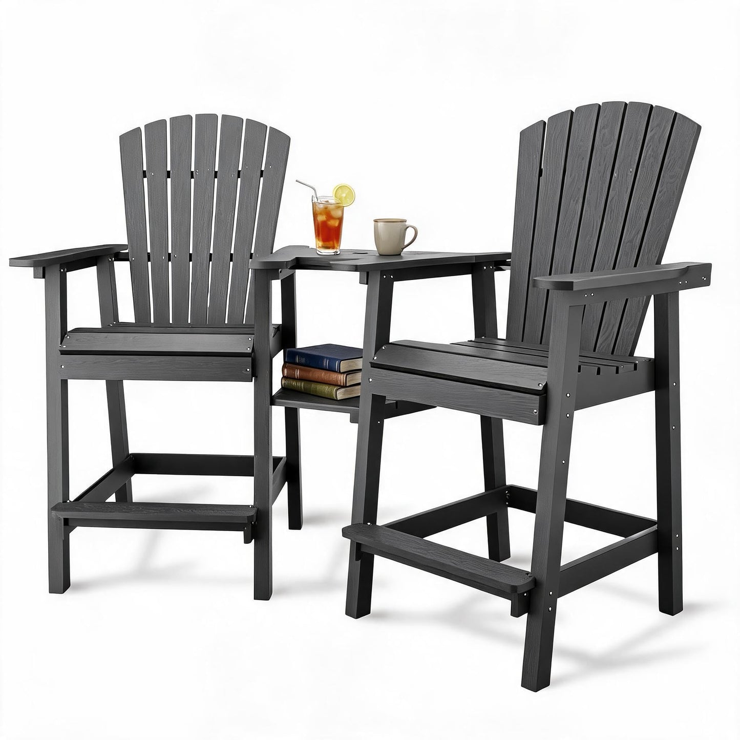 GAOMON Tall Adirondack Chairs Set of 2, Recycled HDPE Bar Height Patio Chairs with 2 Removable Connecting Trays & Umbrella Hole, Heavy Duty Outdoor Furniture for Deck, Backyard, Garden, Balcony, Grey