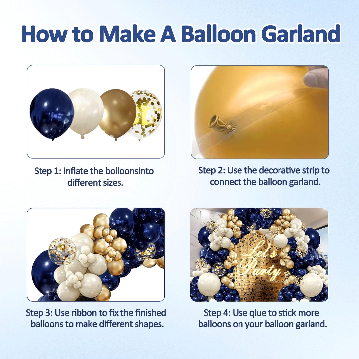 Navy Blue Gold Balloon Graland Arch Kit, Double Stuffed Pearl White Royal Blue Chrome Gold with Confetti Balloons for New Year Graduation Birthday Wedding Party Decorations