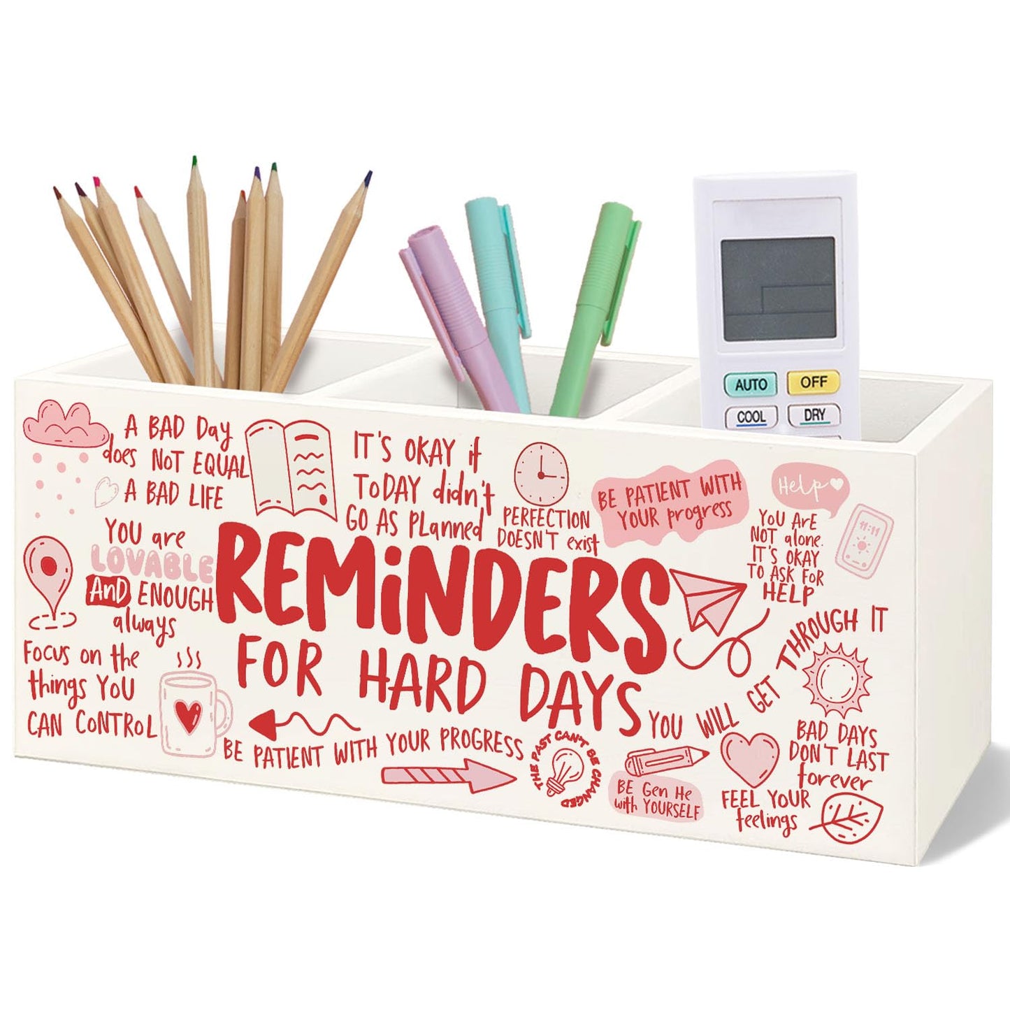 Yhtrg Bookmark Holder Decor Wooden Pen Pencil Holder for Desk, Reminders for Hard Days Wood Makeup Holder Organizer for Room Library