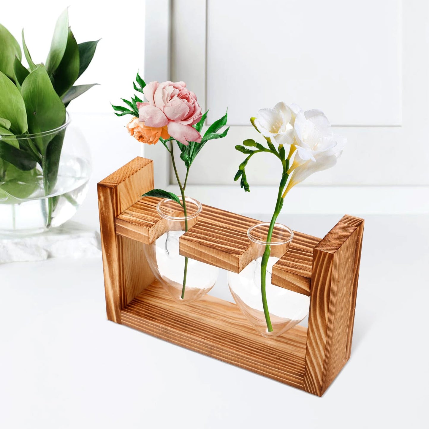 Abaodam Heart Shaped Hydroponic Glass Vase with Wooden Frame Stand, Desktop Plant Propagation Station for Indoor Terrarium and Flower Centerpiece Decor