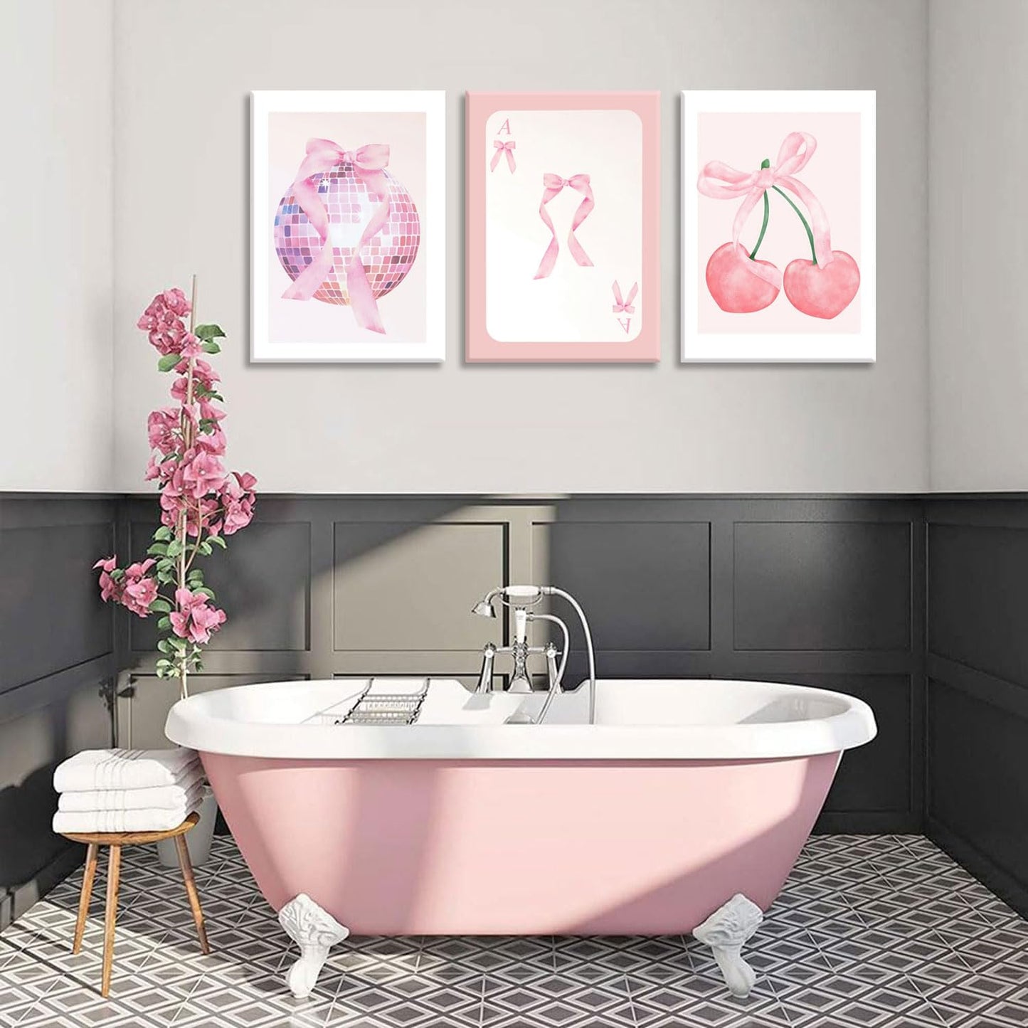 MTFBWY Pink Coquette Wall Art Canvas Prints Set of 3, Pink Bow Disco Ball & Cherry Aesthetic Room Decor, Complete Set Preppy Posters for Girls Bedroom Dorm Gift, Ready to Hang 12x16in