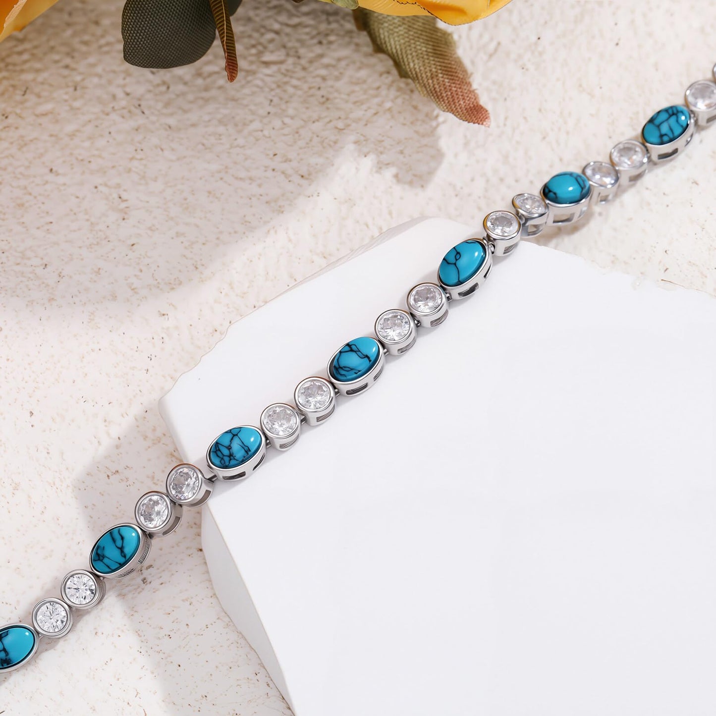 PEIMKO 925 Sterling Silver Oval Turquoise Exquisite Tennis Bracelet with CZ Boho Style Bracelet Jewelry Gifts for Women Mother